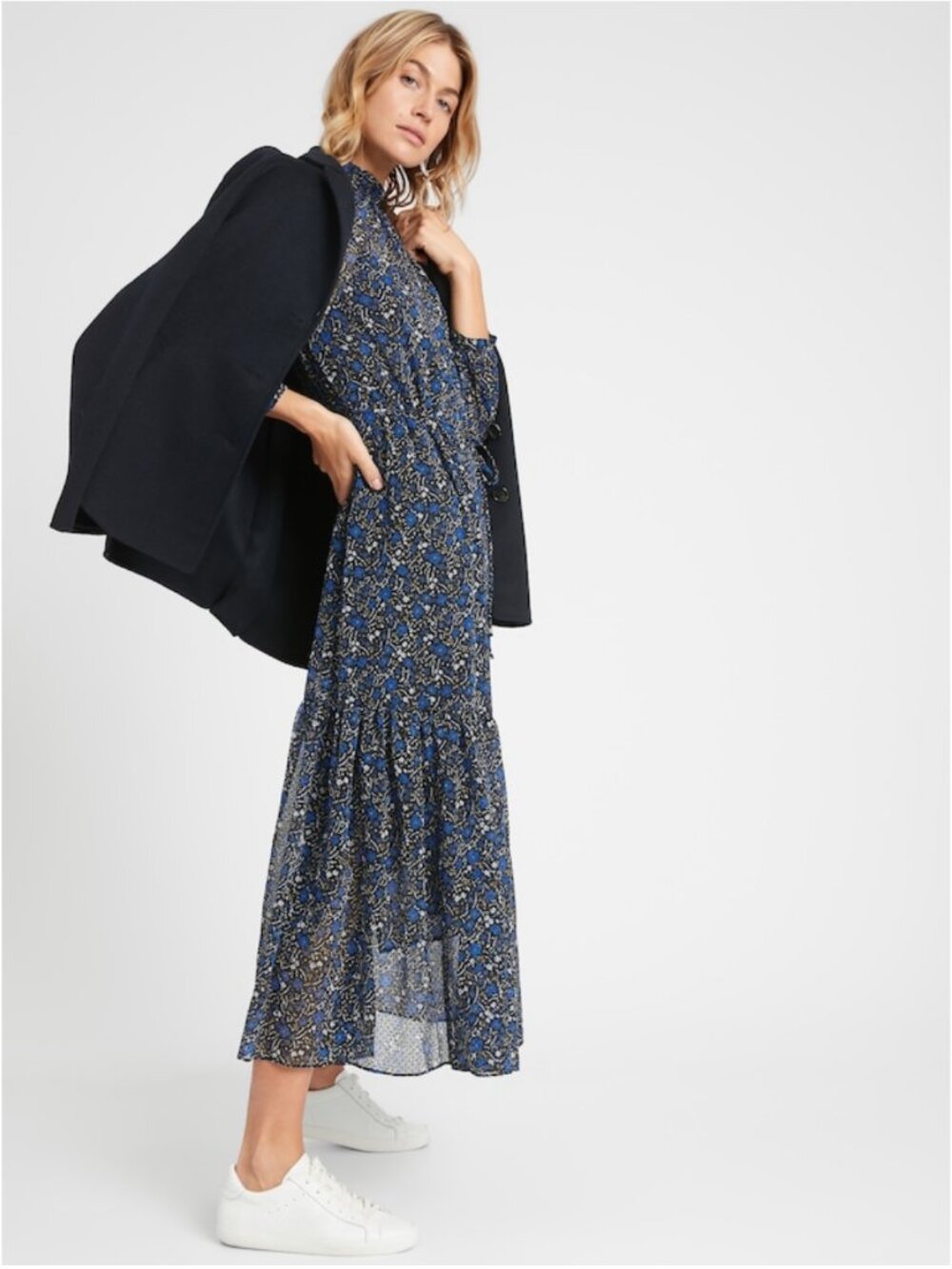 NWT Banana Republic Black/Blue Floral Velvet Dot Maxi Dress in Women's 16